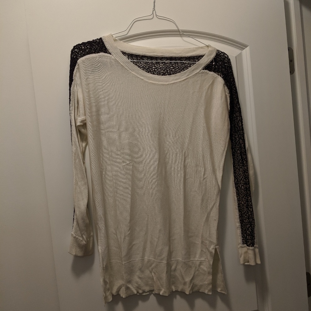 Rachel Roy White sweater with black Lacey sleeves